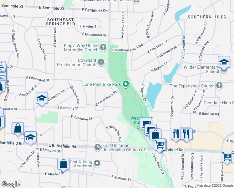 map of restaurants, bars, coffee shops, grocery stores, and more near 2727 South Melrose Avenue in Springfield