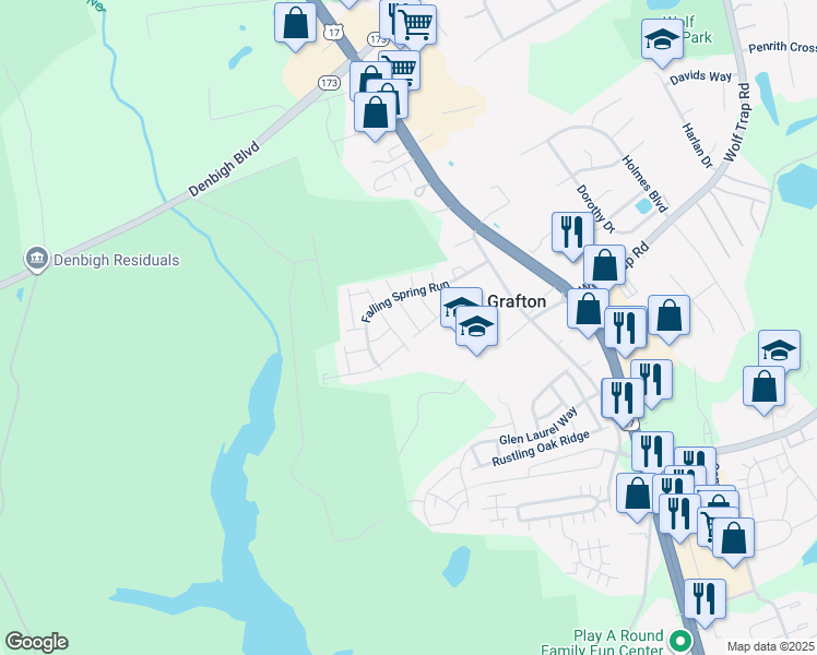 map of restaurants, bars, coffee shops, grocery stores, and more near 120 Tannin Bark Trail in Yorktown