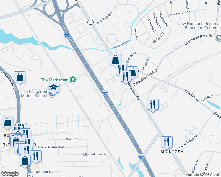 map of restaurants, bars, coffee shops, grocery stores, and more near 303 Robbs Court in Newport News