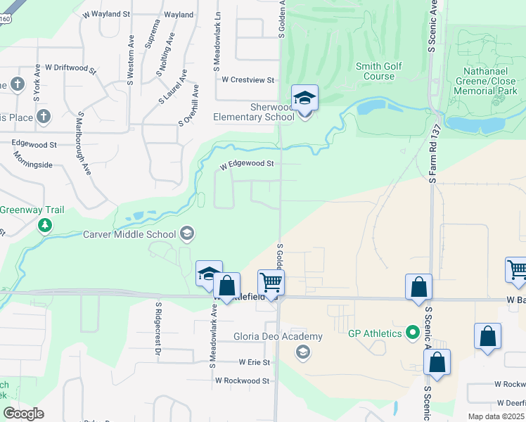 map of restaurants, bars, coffee shops, grocery stores, and more near 3140 West Greenwood Street in Springfield