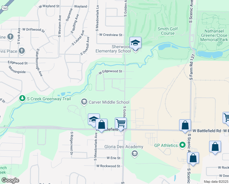 map of restaurants, bars, coffee shops, grocery stores, and more near 3140 West Greenwood Street in Springfield