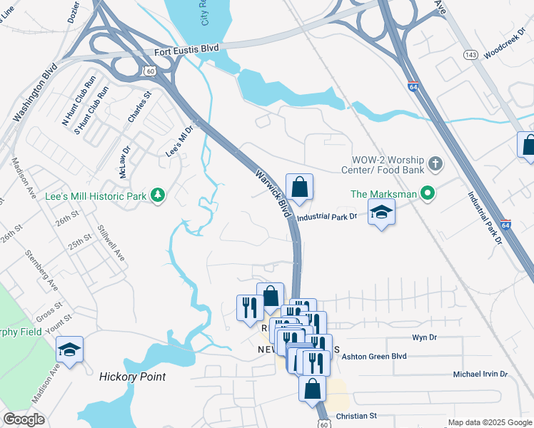 map of restaurants, bars, coffee shops, grocery stores, and more near 12B Bethel Road in Newport News