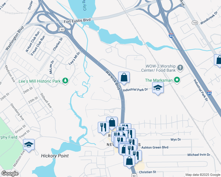 map of restaurants, bars, coffee shops, grocery stores, and more near 12B Bethel Road in Newport News