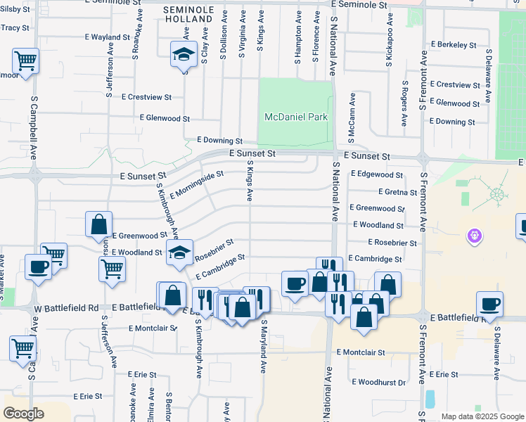 map of restaurants, bars, coffee shops, grocery stores, and more near 1006 East Woodland Street in Springfield