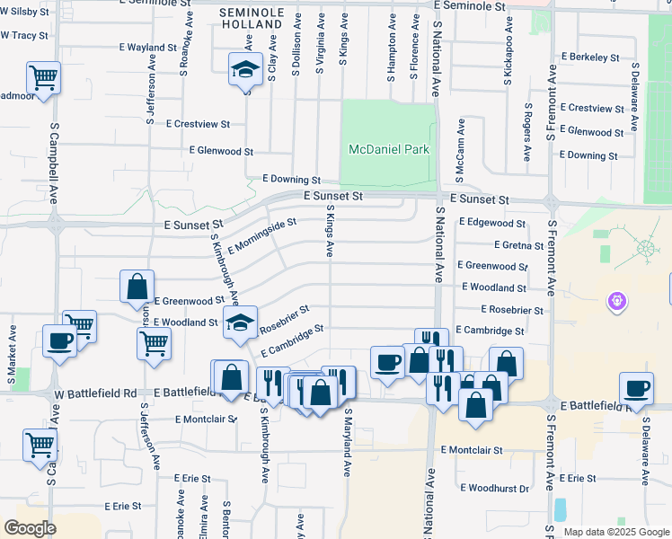 map of restaurants, bars, coffee shops, grocery stores, and more near 1006 East Woodland Street in Springfield