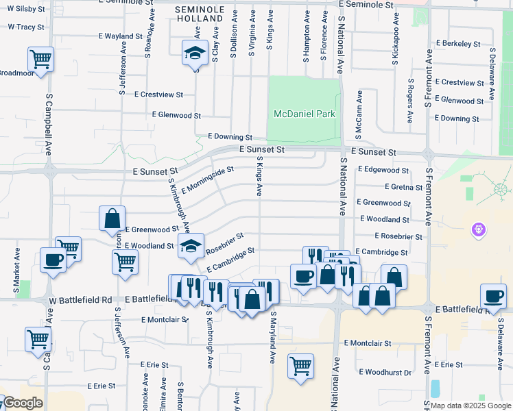 map of restaurants, bars, coffee shops, grocery stores, and more near 1006 East Woodland Street in Springfield