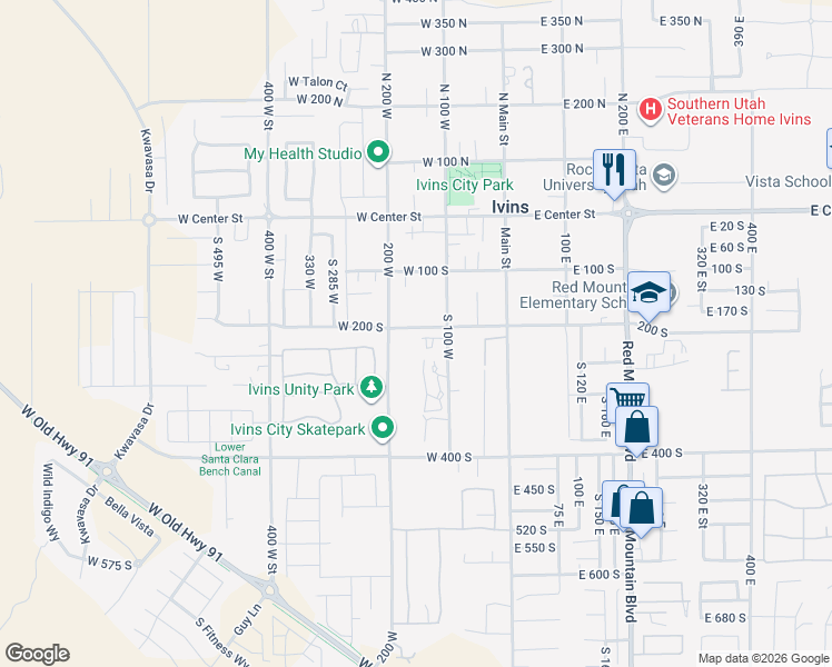 map of restaurants, bars, coffee shops, grocery stores, and more near 157 West 200 South in Ivins