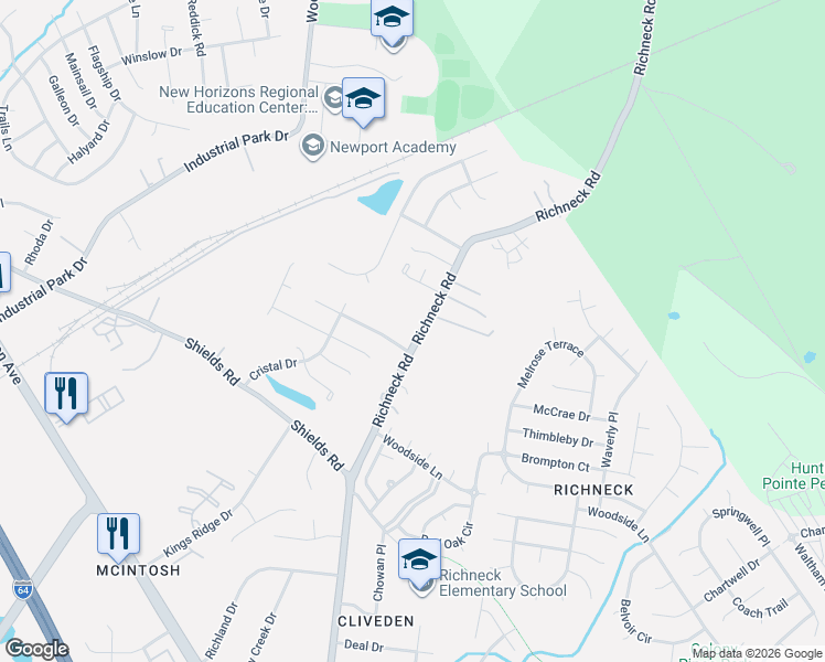 map of restaurants, bars, coffee shops, grocery stores, and more near 471 Richneck Road in Newport News