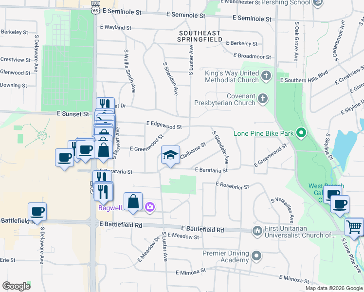 map of restaurants, bars, coffee shops, grocery stores, and more near 2165 East Claiborne Street in Springfield