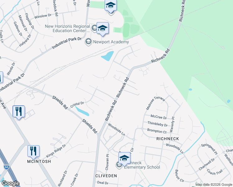 map of restaurants, bars, coffee shops, grocery stores, and more near 471 Richneck Road in Newport News