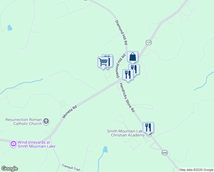 map of restaurants, bars, coffee shops, grocery stores, and more near 14808-14916 Moneta Rd in Moneta
