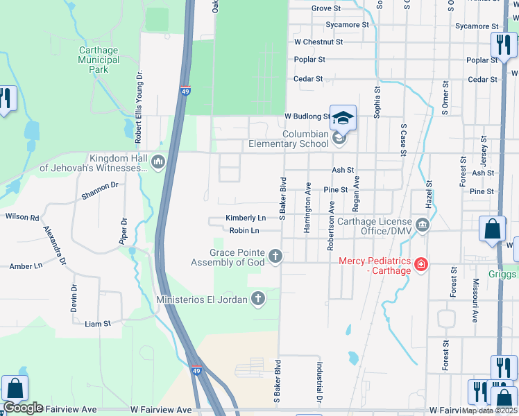 map of restaurants, bars, coffee shops, grocery stores, and more near 1320 Kimberly Lane in Carthage