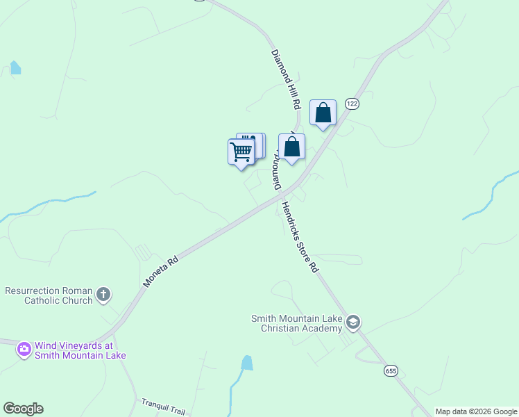 map of restaurants, bars, coffee shops, grocery stores, and more near 14808 Moneta Road in Moneta