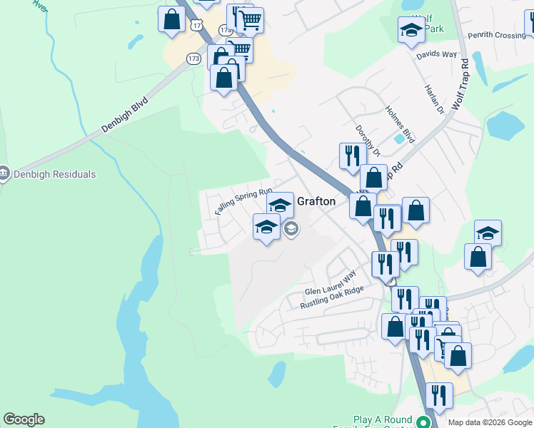 map of restaurants, bars, coffee shops, grocery stores, and more near 104 Feathergrass Park in Yorktown