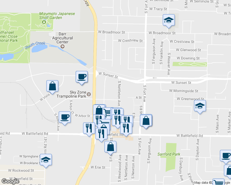 map of restaurants, bars, coffee shops, grocery stores, and more near 2752 South Meadowbrook Avenue in Springfield