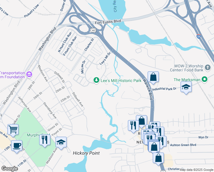 map of restaurants, bars, coffee shops, grocery stores, and more near 356 Rivers Ridge Circle in Newport News