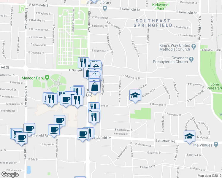 map of restaurants, bars, coffee shops, grocery stores, and more near 1909 East Greenwood Street in Springfield