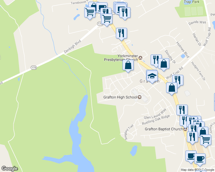 map of restaurants, bars, coffee shops, grocery stores, and more near 147 Barn Swallow Ridge in Yorktown