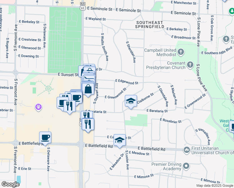 map of restaurants, bars, coffee shops, grocery stores, and more near 2652 South Wallis Smith Avenue in Springfield