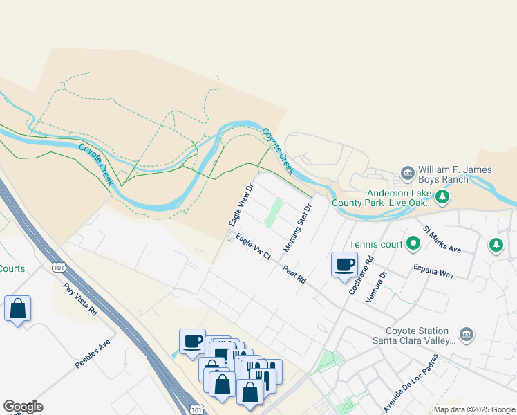 map of restaurants, bars, coffee shops, grocery stores, and more near 19127 Legend Court in Morgan Hill