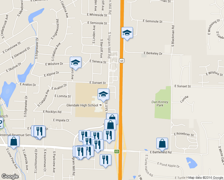 map of restaurants, bars, coffee shops, grocery stores, and more near 3419 East Avalon Drive in Springfield