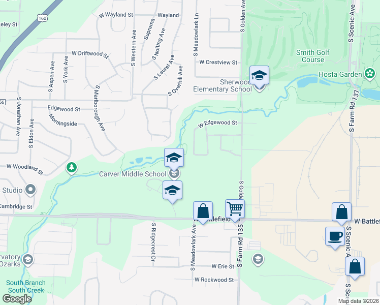 map of restaurants, bars, coffee shops, grocery stores, and more near 2750 South Meadowlark Avenue in Springfield