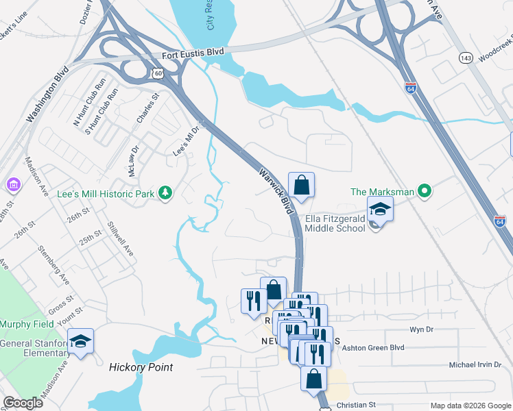 map of restaurants, bars, coffee shops, grocery stores, and more near 24 Bethel Road in Newport News