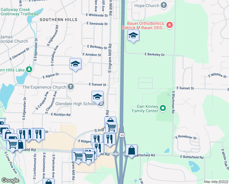 map of restaurants, bars, coffee shops, grocery stores, and more near 2612 South Glenview Avenue in Springfield