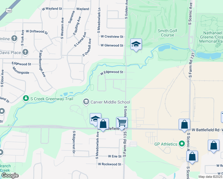 map of restaurants, bars, coffee shops, grocery stores, and more near 2740 South Moore Avenue in Springfield