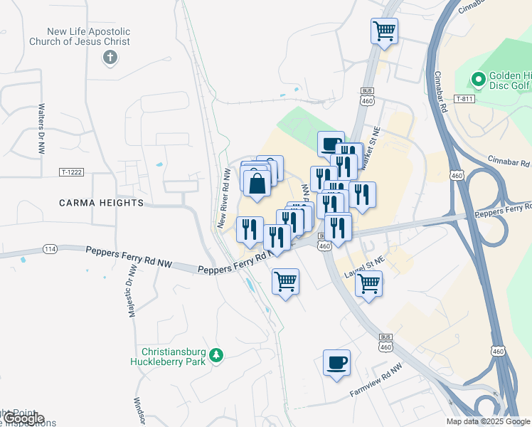 map of restaurants, bars, coffee shops, grocery stores, and more near 415 New River Road in Christiansburg