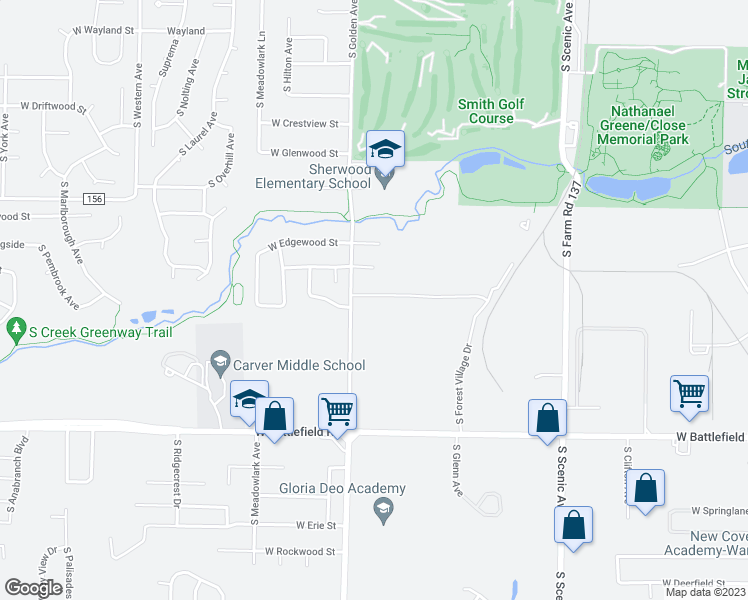 map of restaurants, bars, coffee shops, grocery stores, and more near 3034 West Greenwood Street in Springfield