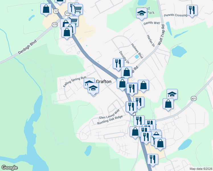 map of restaurants, bars, coffee shops, grocery stores, and more near in Grafton