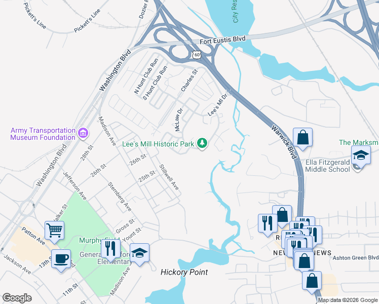 map of restaurants, bars, coffee shops, grocery stores, and more near 102 McKnew Court in Newport News