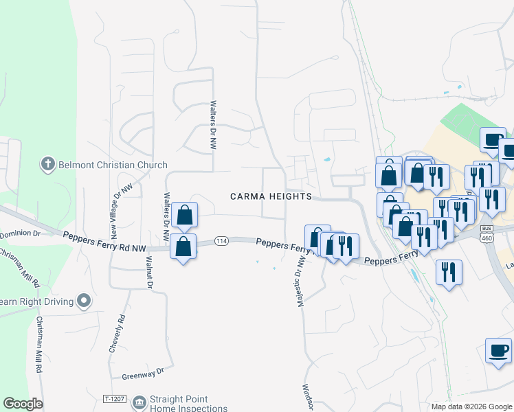 map of restaurants, bars, coffee shops, grocery stores, and more near 50 Weddle Way in Christiansburg