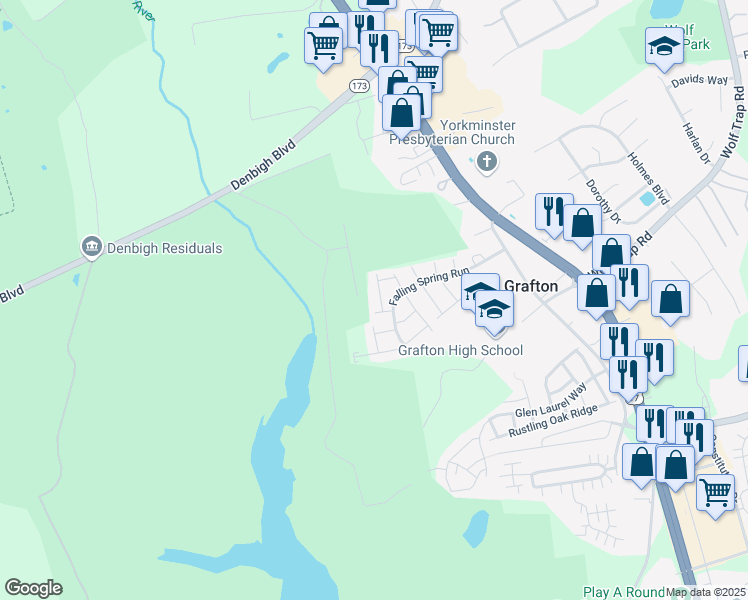 map of restaurants, bars, coffee shops, grocery stores, and more near 146 Barn Swallow Ridge in Yorktown