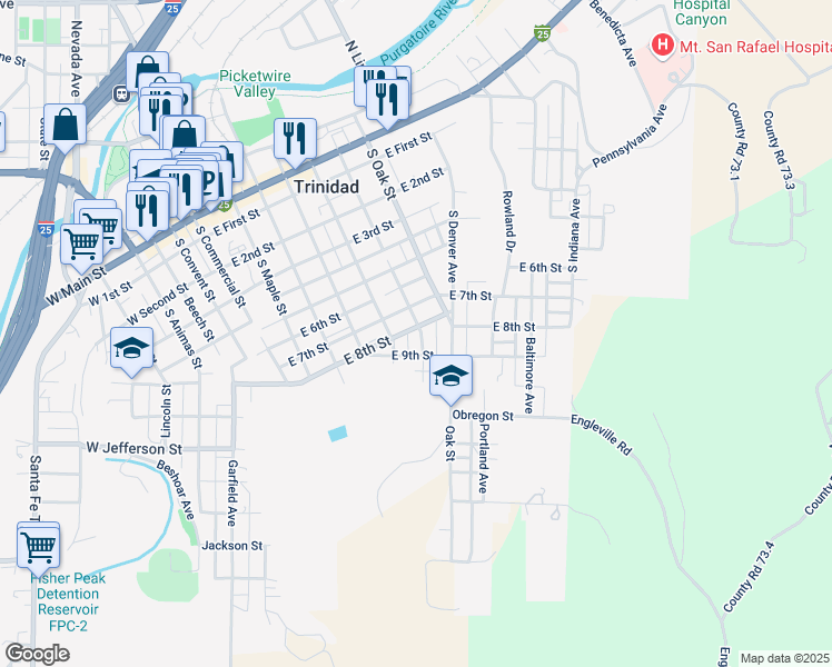 map of restaurants, bars, coffee shops, grocery stores, and more near 516 East 7th Street in Trinidad
