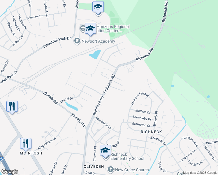 map of restaurants, bars, coffee shops, grocery stores, and more near 488 Richneck Road in Newport News