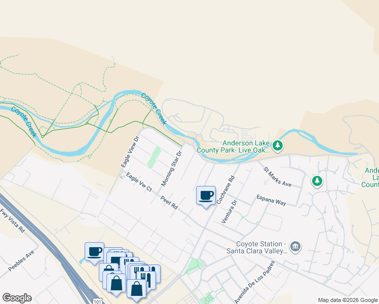 map of restaurants, bars, coffee shops, grocery stores, and more near 1895 Silverwings Court in Morgan Hill
