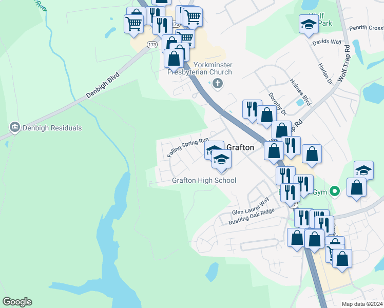 map of restaurants, bars, coffee shops, grocery stores, and more near 115 Tannin Bark Trail in Yorktown