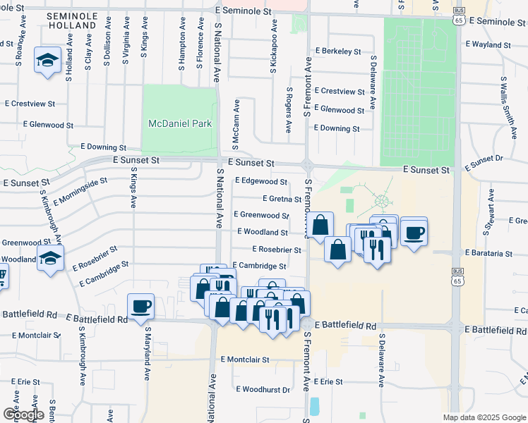 map of restaurants, bars, coffee shops, grocery stores, and more near 1303 East Greenwood Street in Springfield