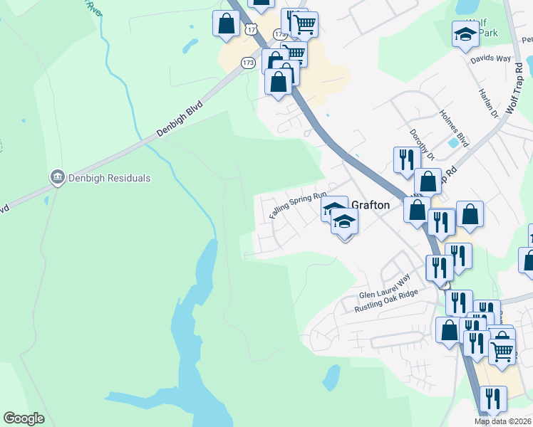 map of restaurants, bars, coffee shops, grocery stores, and more near 109 Barn Swallow Ridge in Yorktown