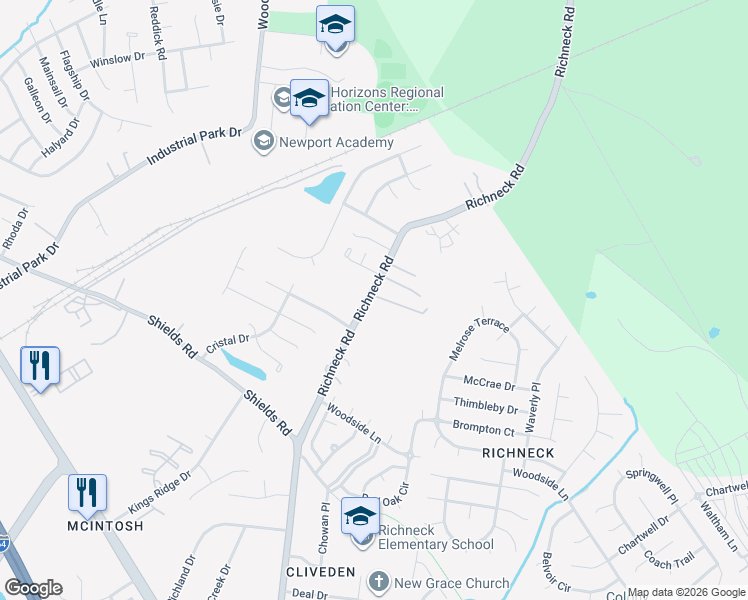 map of restaurants, bars, coffee shops, grocery stores, and more near 488 Richneck Road in Newport News