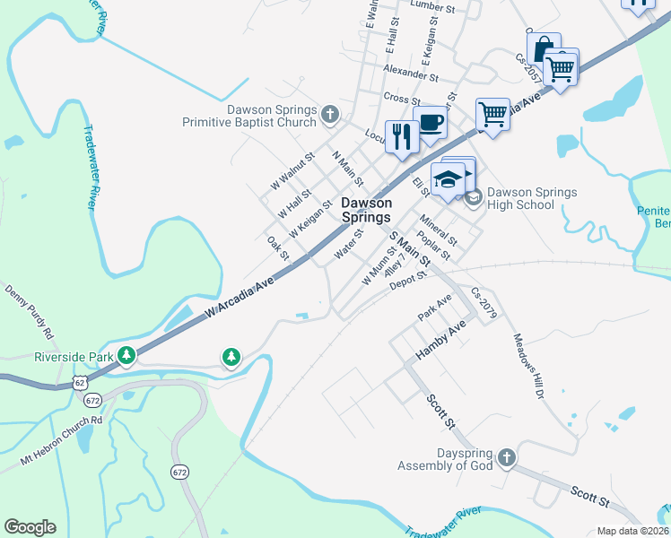 map of restaurants, bars, coffee shops, grocery stores, and more near 222 Water Street in Dawson Springs