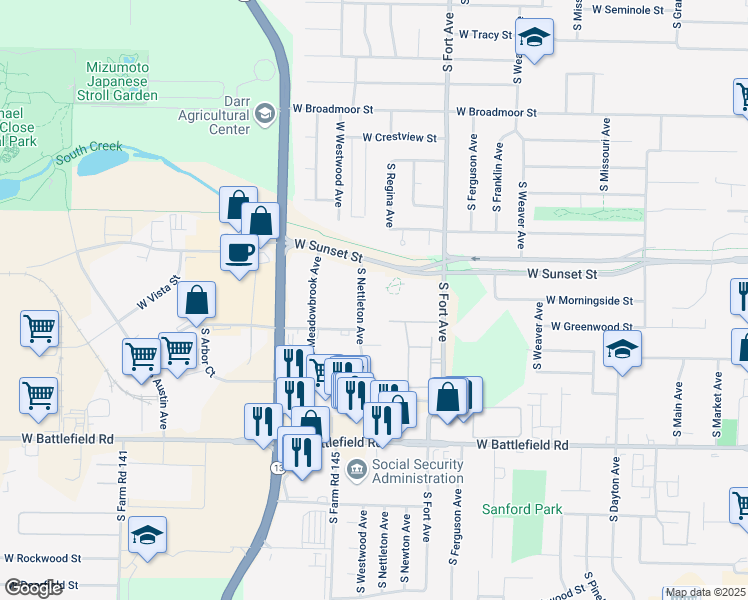 map of restaurants, bars, coffee shops, grocery stores, and more near 2730 South Nettleton Avenue in Springfield