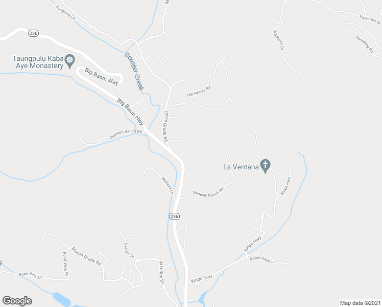 map of restaurants, bars, coffee shops, grocery stores, and more near 17690 Big Basin Way in Boulder Creek