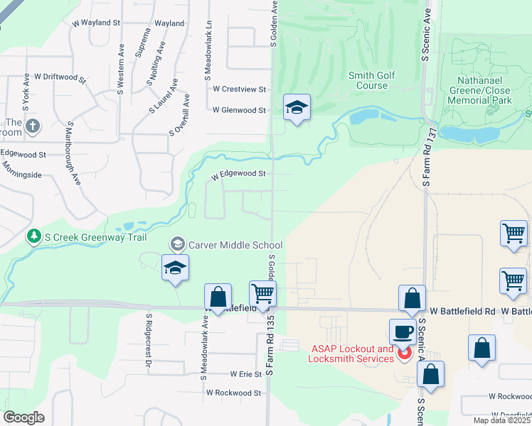 map of restaurants, bars, coffee shops, grocery stores, and more near 2743 South Malley Court in Springfield