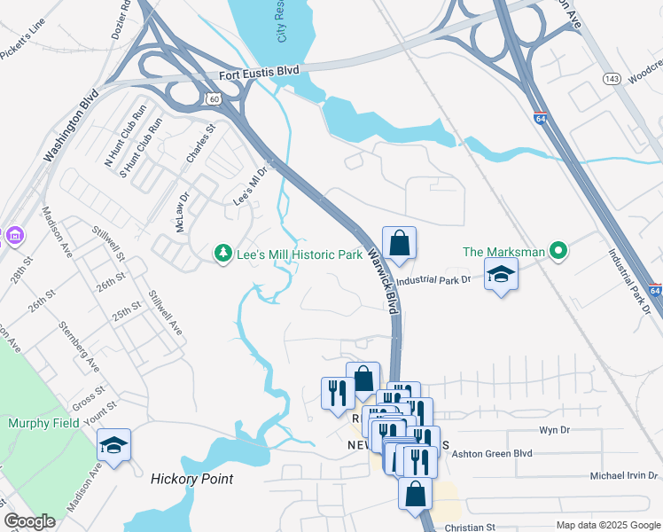 map of restaurants, bars, coffee shops, grocery stores, and more near 24 Bethel Road in Newport News