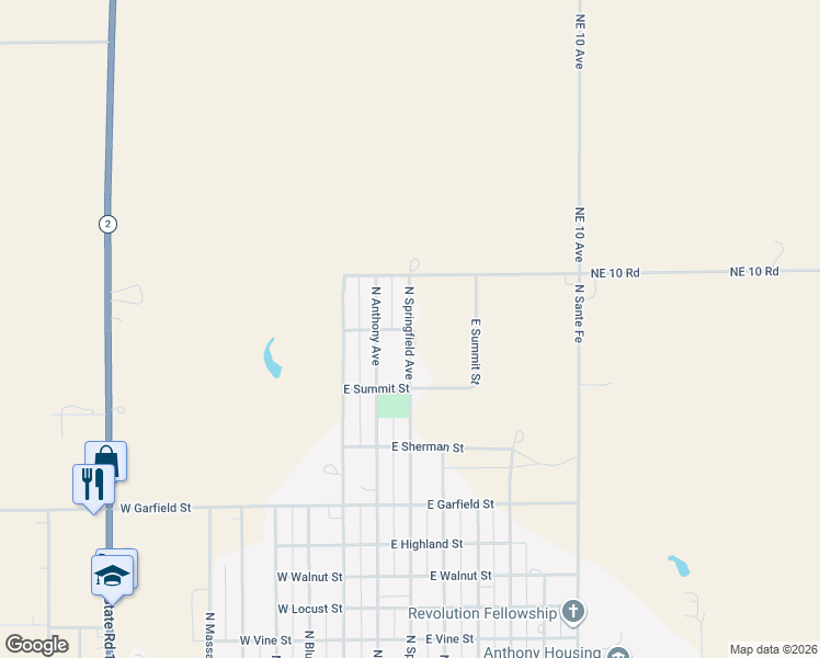 map of restaurants, bars, coffee shops, grocery stores, and more near 1100 North Springfield Avenue in Anthony