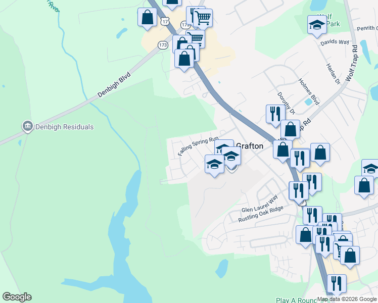 map of restaurants, bars, coffee shops, grocery stores, and more near 101 Tannin Bark Trail in Yorktown