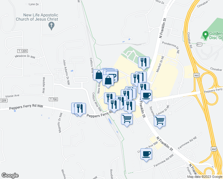 map of restaurants, bars, coffee shops, grocery stores, and more near 634 New River Road Northwest in Christiansburg